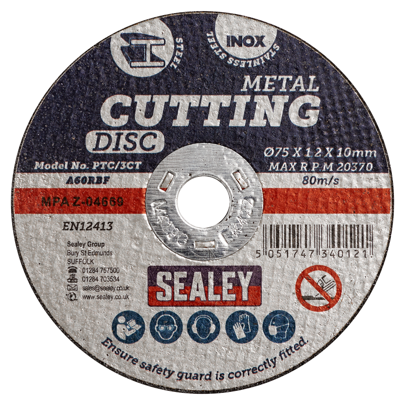 Sealey PTC/3CT10 75 x 1.2mm Cutting Disc 10mm Bore - Pack of 10