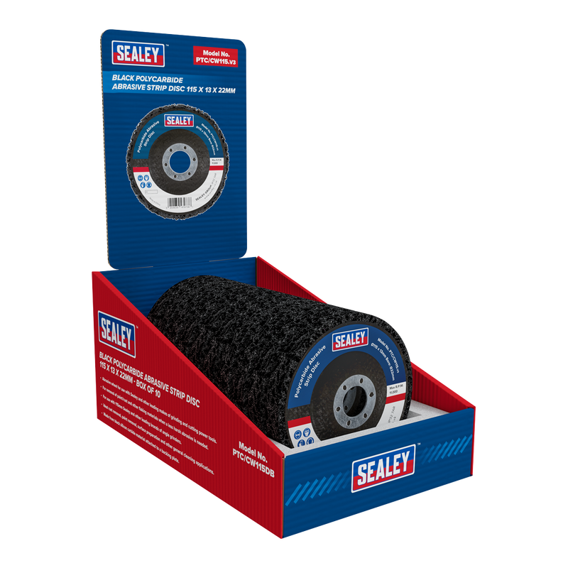 Sealey PTC/CW115DB 115 x 13mm Black Polycarbide Abrasive Strip Disc 22mm Bore - Display Box of 10