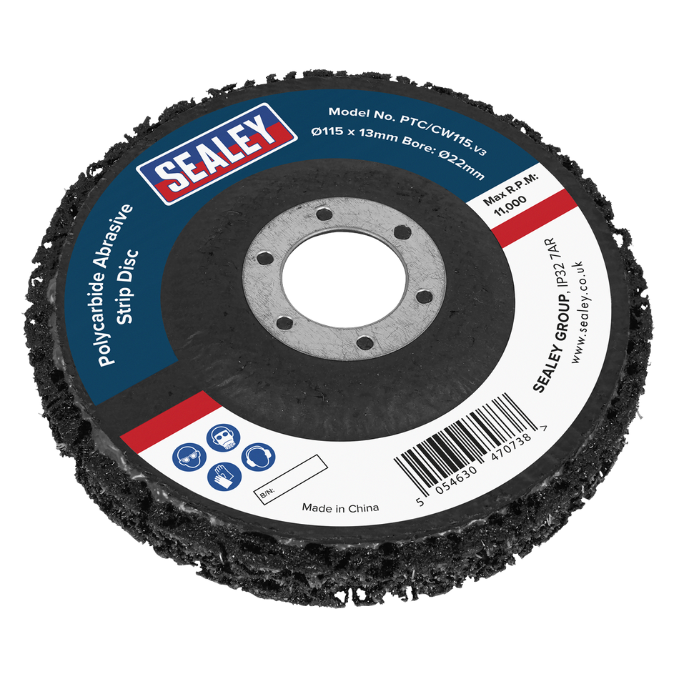 Sealey PTC/CW115DB 115 x 13mm Black Polycarbide Abrasive Strip Disc 22mm Bore - Display Box of 10