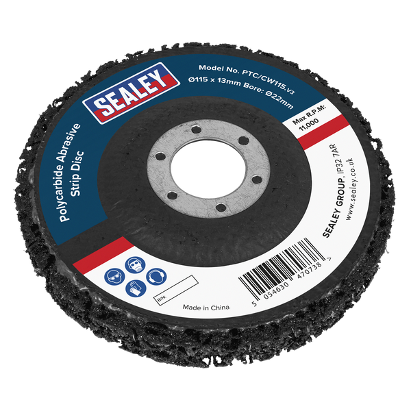 Sealey PTC/CW115DB 115 x 13mm Black Polycarbide Abrasive Strip Disc 22mm Bore - Display Box of 10