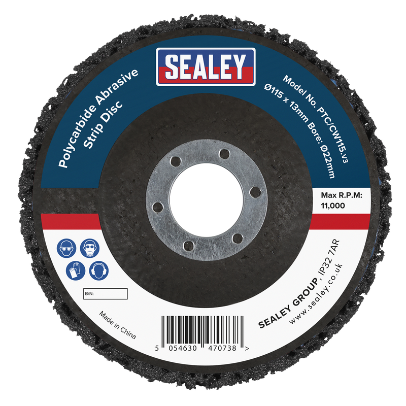 Sealey PTC/CW115DB 115 x 13mm Black Polycarbide Abrasive Strip Disc 22mm Bore - Display Box of 10
