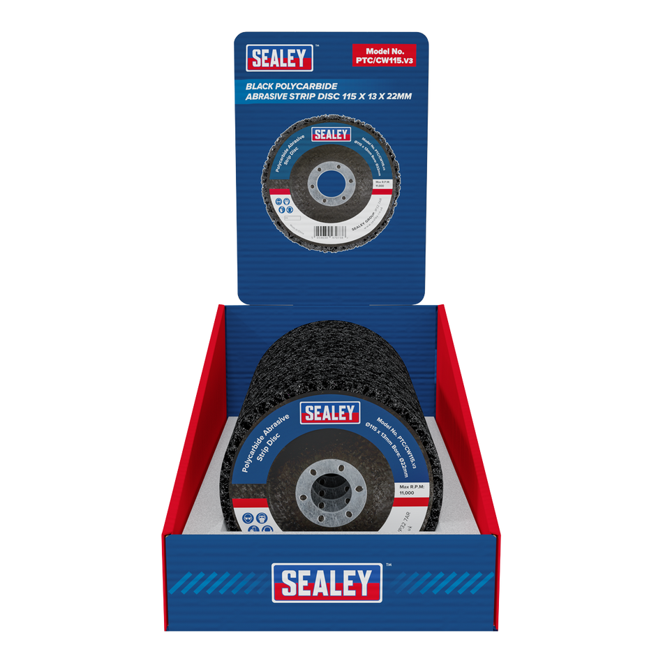 Sealey PTC/CW115DB 115 x 13mm Black Polycarbide Abrasive Strip Disc 22mm Bore - Display Box of 10