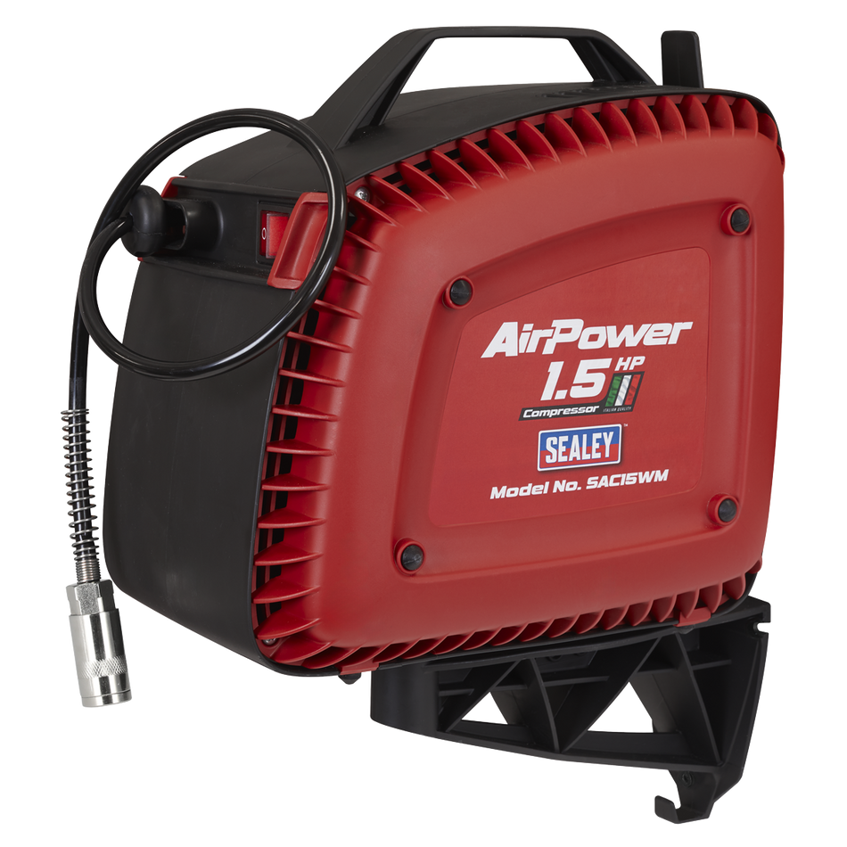Sealey SAC15WM Wall Mounting Oil Free Air Compressor 1.5hp with 7m Retractable Hose Reel