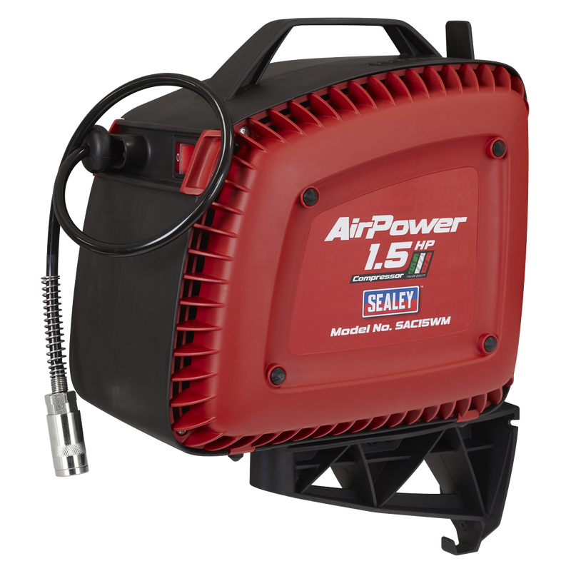 Sealey SAC15WM Wall Mounting Oil Free Air Compressor 1.5hp with 7m Retractable Hose Reel
