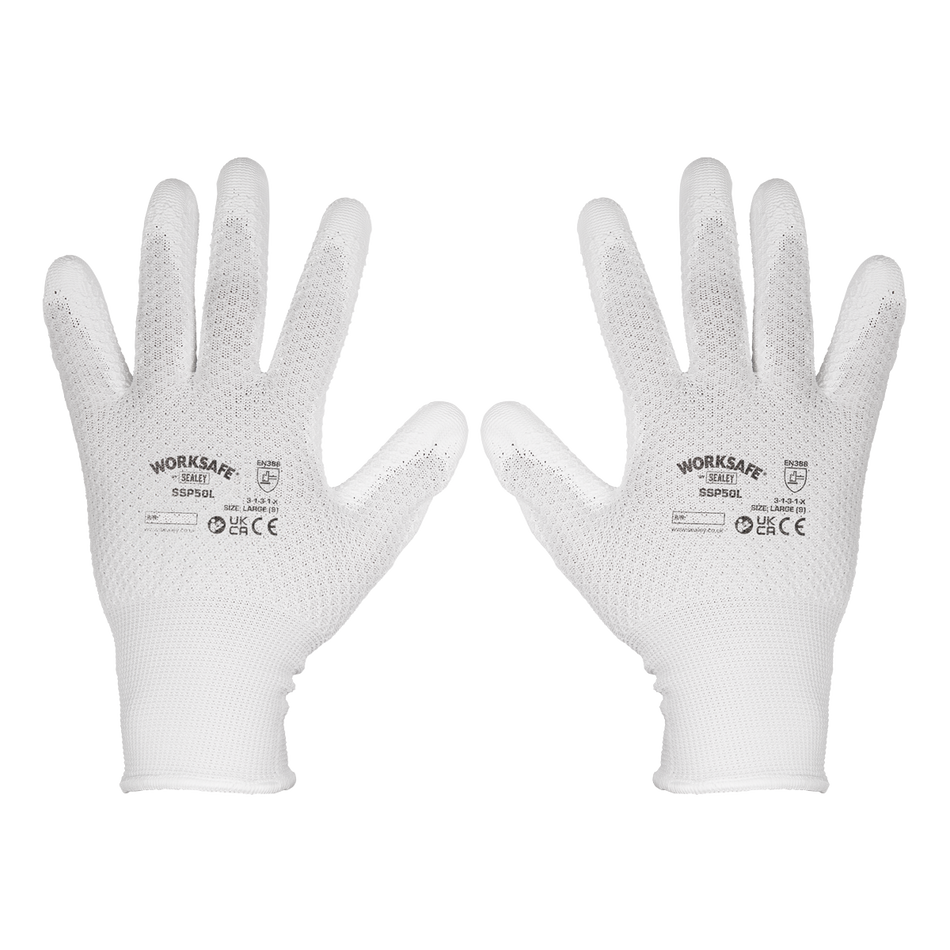 Sealey SSP50L/6 White Precision Grip Gloves - (Large) - Pack of 6 Pairs