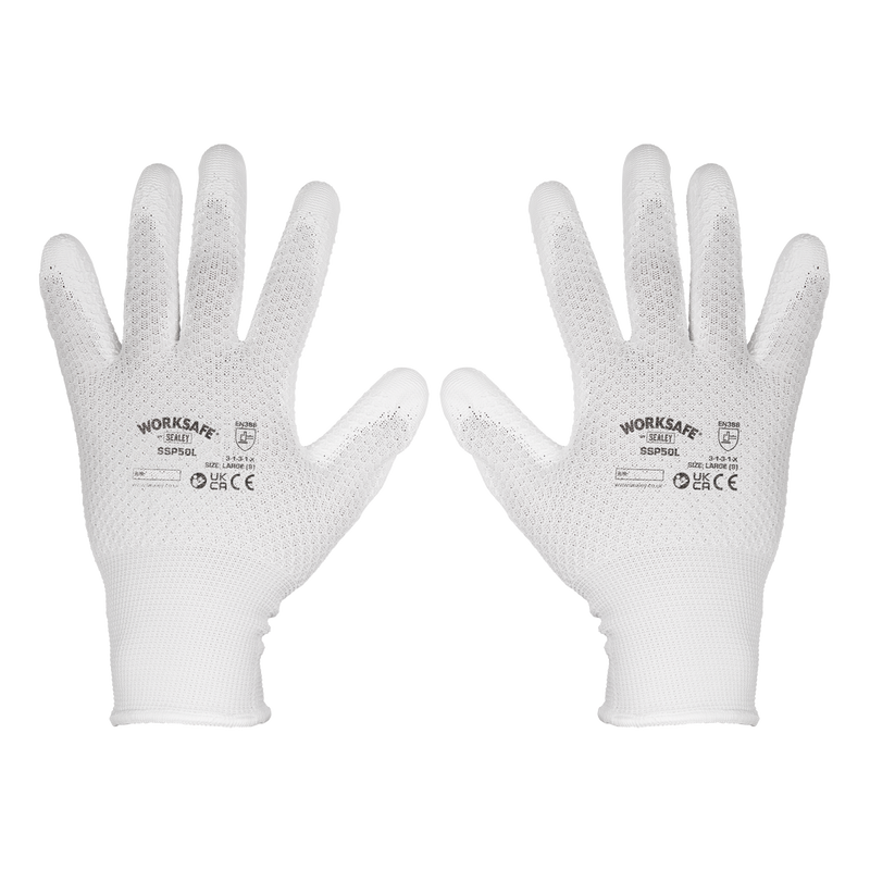 Sealey SSP50L/6 White Precision Grip Gloves - (Large) - Pack of 6 Pairs