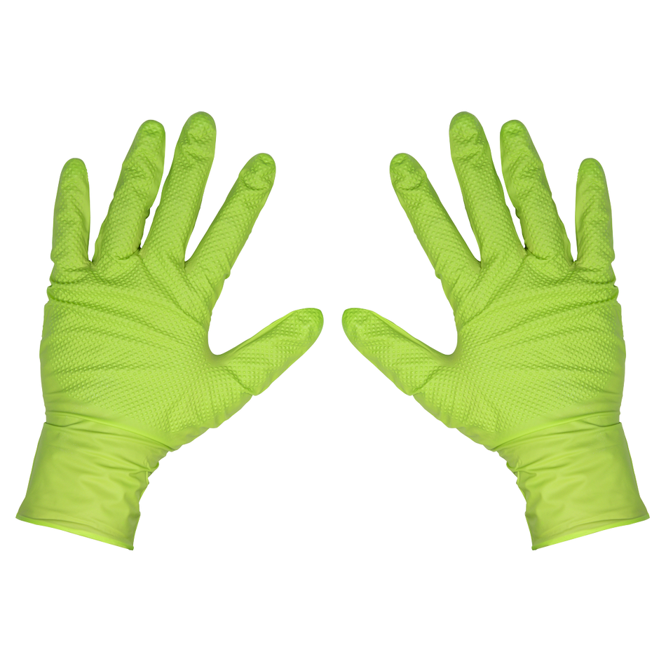 Sealey SSP54L Diamond Grip Extra-Thick Nitrile Powder-Free Gloves, Hi-Vis Green, Large - Pack of 50