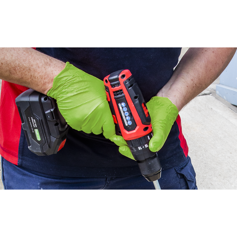 Sealey SSP54XL Diamond Grip Extra-Thick Nitrile Powder-Free Gloves, Hi-Vis Green, X-Large - Pack of 50