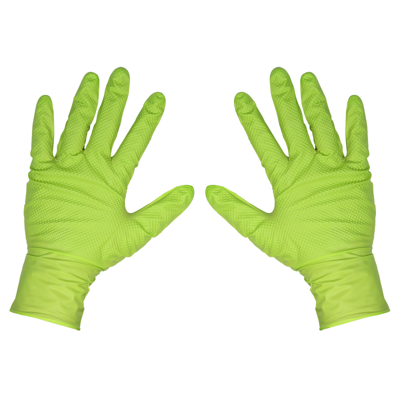 Sealey SSP54XL Diamond Grip Extra-Thick Nitrile Powder-Free Gloves, Hi-Vis Green, X-Large - Pack of 50