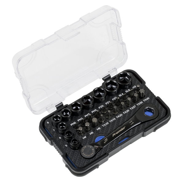 Sealey AK2112 Premier Black Go-Through Lock-On™ Low Profile Socket & Bit Set 1/4"Sq Drive 31pc