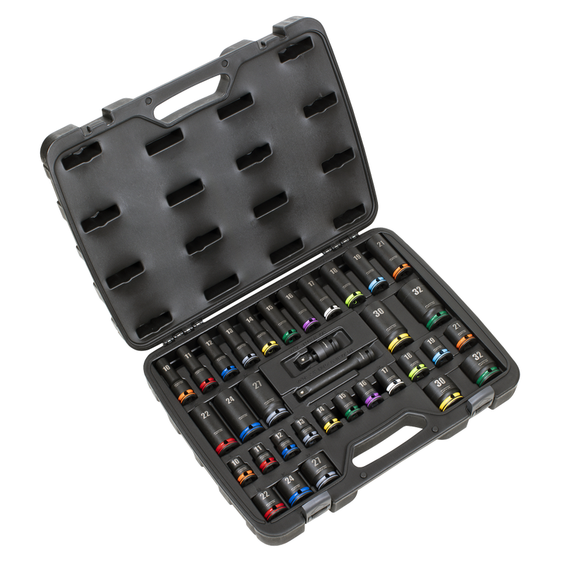Sealey AK5636M Lock-On‚Ñ¢ Standard & Deep Impact Socket Set 34pc 1/2"Sq Drive 6pt Metric