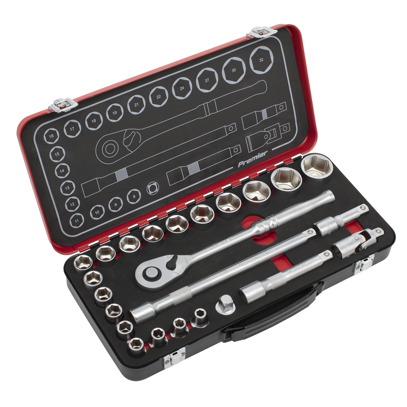 Sealey AK7924 Socket Set 1/2"Sq Drive 24pc -  Premier Platinum