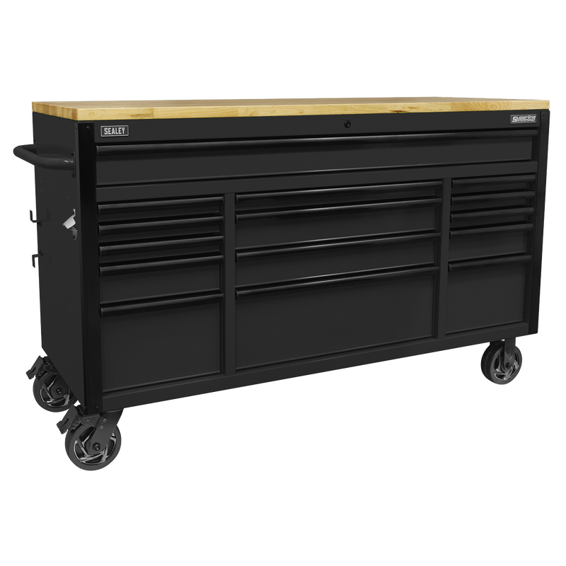 Sealey AP6215BE Superline PRO¬Æ Black Edition Mobile Trolley with Wooden Worktop 15 Drawer 1549mm