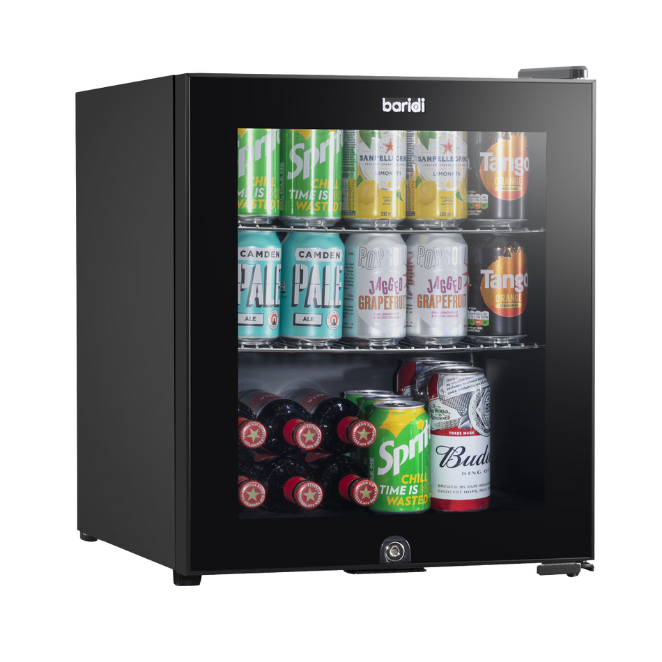 Baridi DH12  50L Tabletop Beer & Drinks Mini Fridge with Light 3-10 degreeC - Black & Glass