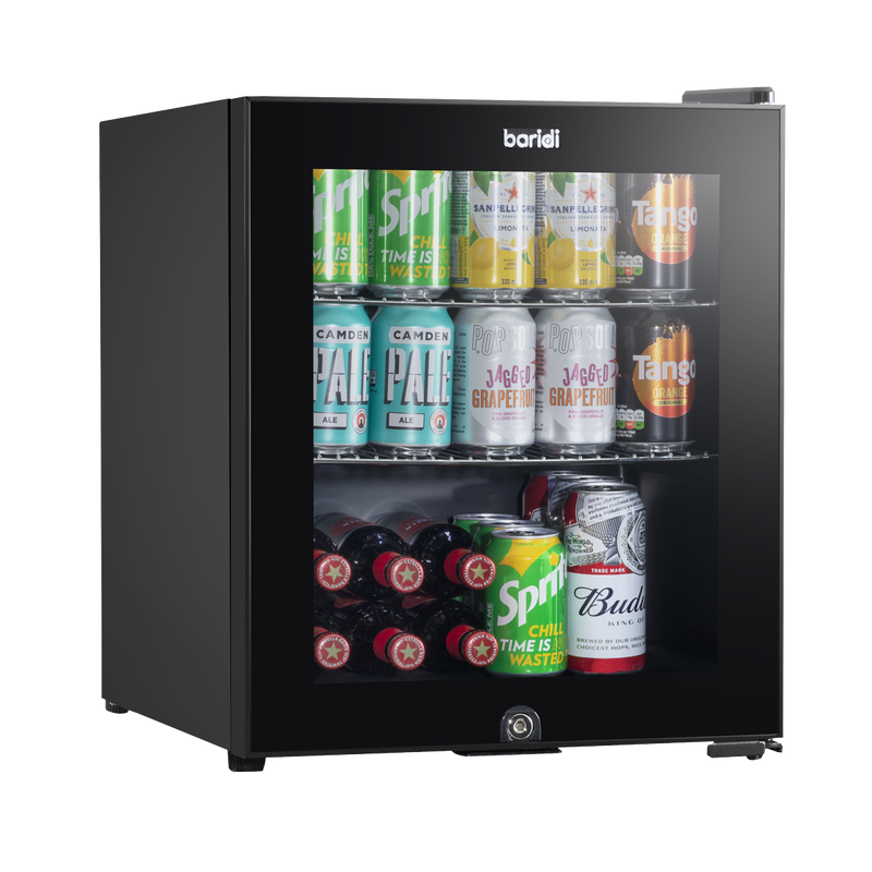 Baridi DH12  50L Tabletop Beer & Drinks Mini Fridge with Light 3-10 degreeC - Black & Glass