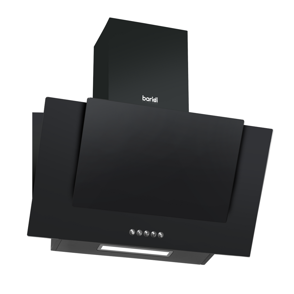 Baridi DH129  60cm Angled Chimney Cooker Hood with Carbon Filters, LED Lamp, Energy Class B, Black Glass