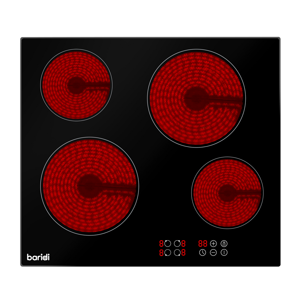 Baridi DH131  60cm Built-In Ceramic Hob 4 Cooking Zones, Black Glass, 6000W with Touch Controls, Timer