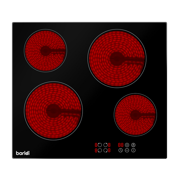Baridi DH131  60cm Built-In Ceramic Hob 4 Cooking Zones, Black Glass, 6000W with Touch Controls, Timer