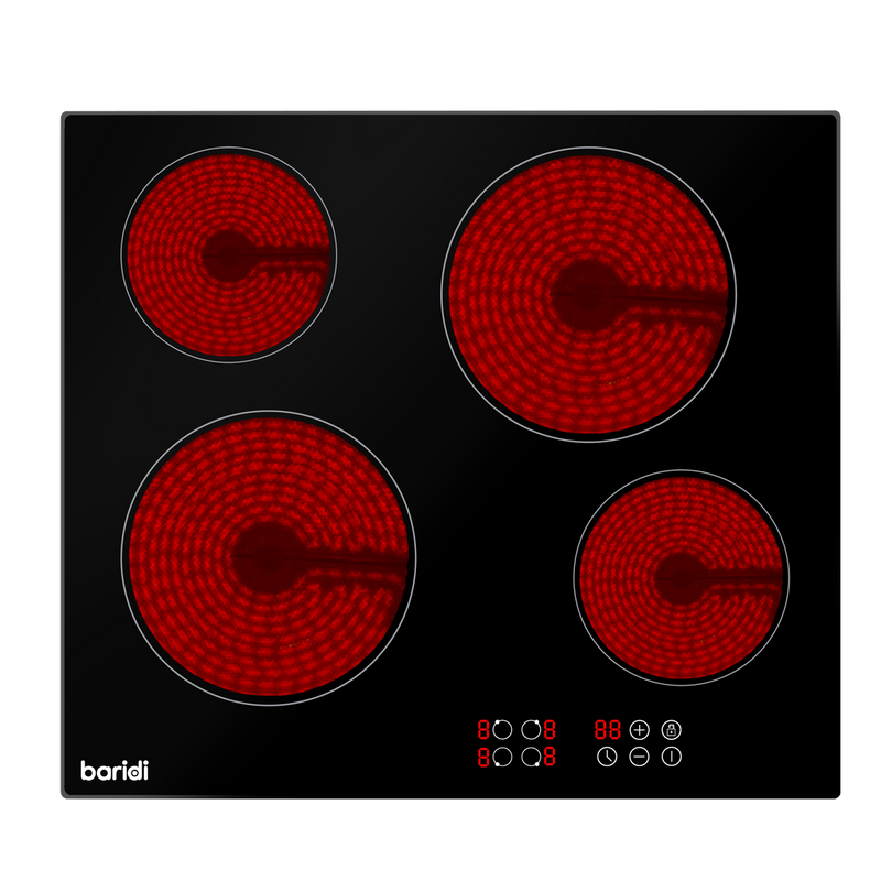 Baridi DH131  60cm Built-In Ceramic Hob 4 Cooking Zones, Black Glass, 6000W with Touch Controls, Timer