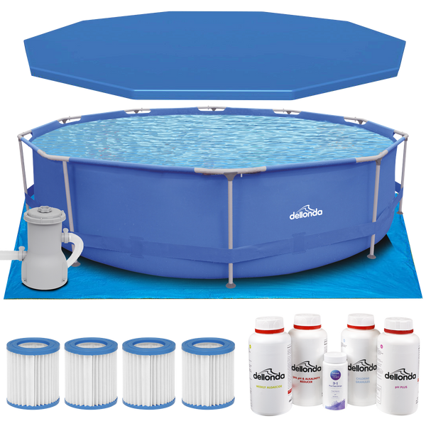 Dellonda DL138 Steel Frame Round Swimming Pool & Filter Pump with Cover, Ground Sheet, Test Strips, Starter Kit & Filters 12ft - Blue