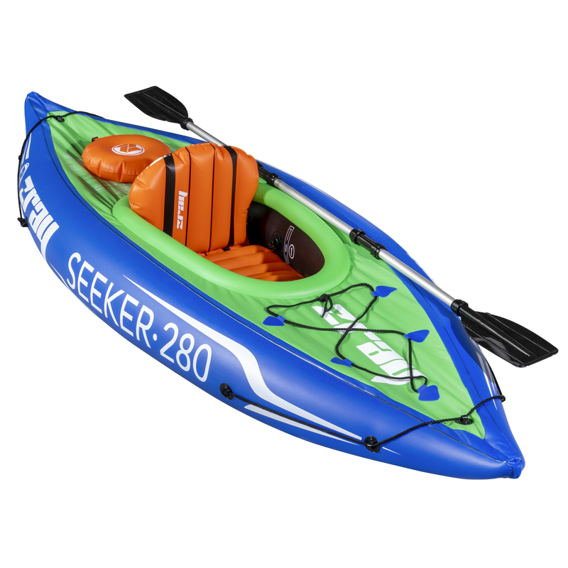 Dellonda DL154 Inflatable One-Person Kayak/Canoe Set with Pump, Carry Bag & Aluminium Oar - Blue/Green