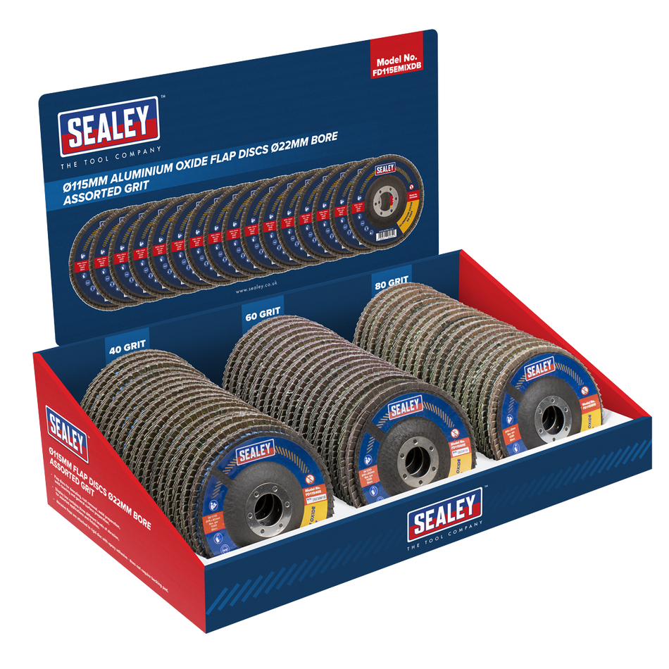 Sealey FD115EMIXDB Assorted Grit Flap Discs Aluminium Oxide 115mm 22mm Bore - Display Box of 60