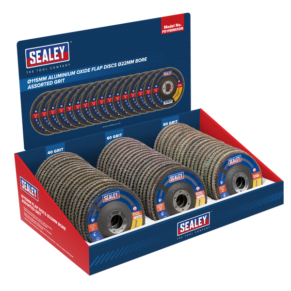Sealey FD115EMIXDB Assorted Grit Flap Discs Aluminium Oxide 115mm 22mm Bore - Display Box of 60