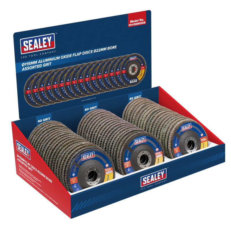 Sealey FD115EMIXDB Assorted Grit Flap Discs Aluminium Oxide 115mm 22mm Bore - Display Box of 60