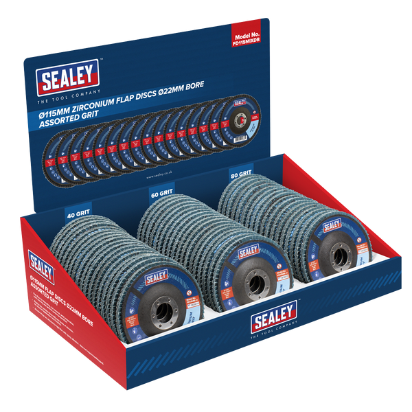 Sealey FD115MIXDB Assorted Grit Flap Discs Zirconium √ò115mm √ò22mm Bore - Display Box of 60