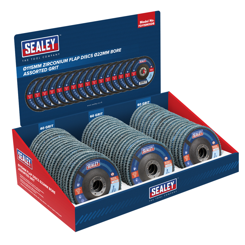 Sealey FD115MIXDB Assorted Grit Flap Discs Zirconium √ò115mm √ò22mm Bore - Display Box of 60