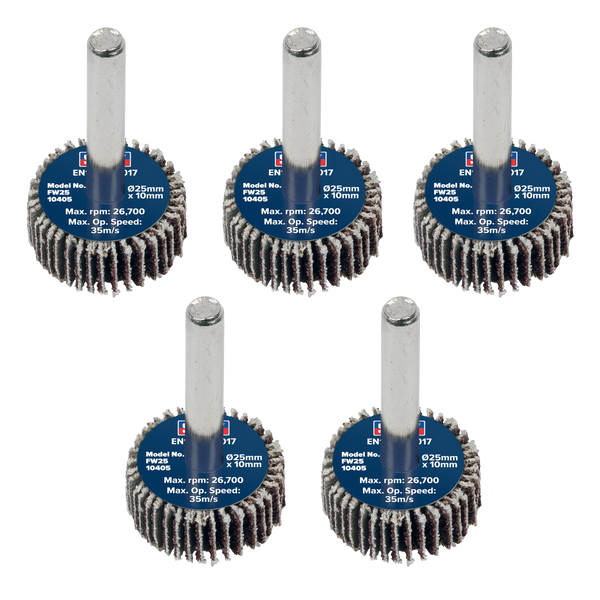 Sealey FW2510405 Abrasive Flap Wheel Diameter 25 x 10mm Diameter 6mm Shaft 40Grit - Pack of 5
