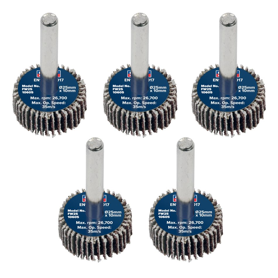 Sealey FW2510605 Abrasive Flap Wheel Diameter 25 x 10mm Diameter 6mm Shaft 60Grit - Pack of 5