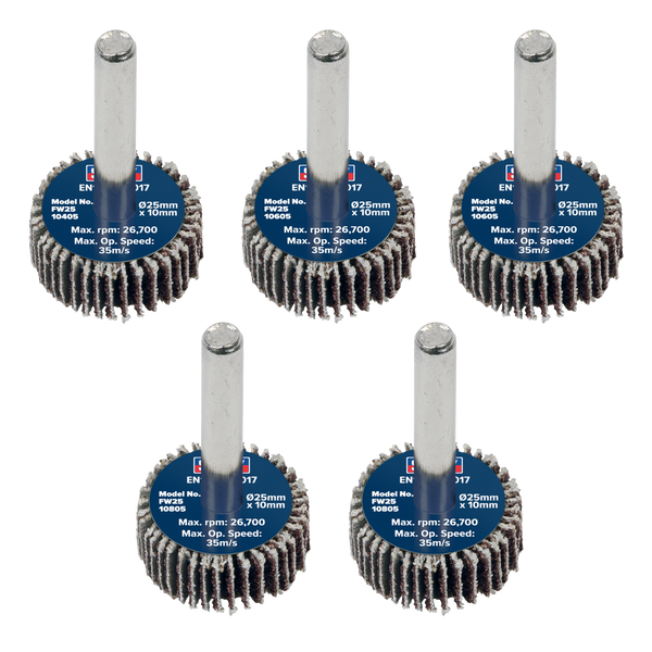 Sealey FW2510ASS Abrasive Flap Wheel Diameter 25 x 10mm Diameter 6mm Shaft Assorted Grit - Pack of 5