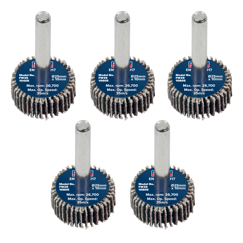 Sealey FW2510ASS Abrasive Flap Wheel Diameter 25 x 10mm Diameter 6mm Shaft Assorted Grit - Pack of 5