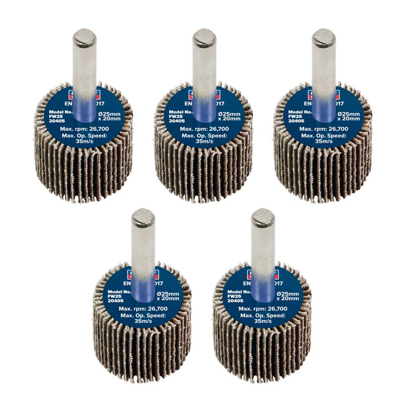Sealey FW2520405 Abrasive Flap Wheel Diameter 25 x 20mm Diameter 6mm Shaft 40Grit - Pack of 5