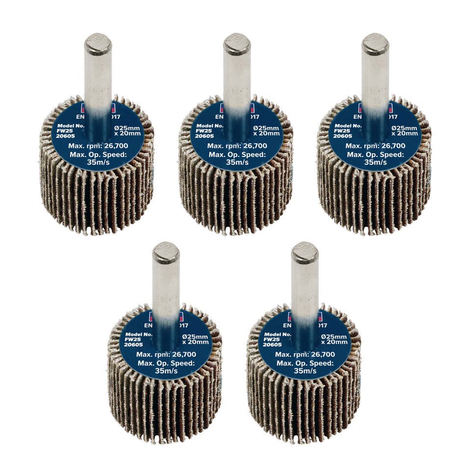 Sealey FW2520605 Abrasive Flap Wheel Diameter 25 x 20mm Diameter 6mm Shaft 60Grit - Pack of 5