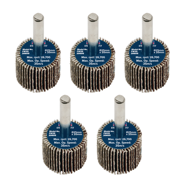 Sealey FW2520605 Abrasive Flap Wheel Diameter 25 x 20mm Diameter 6mm Shaft 60Grit - Pack of 5