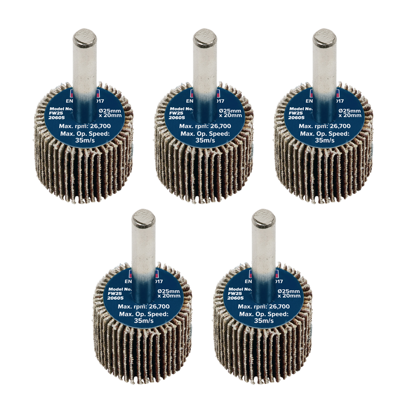 Sealey FW2520605 Abrasive Flap Wheel Diameter 25 x 20mm Diameter 6mm Shaft 60Grit - Pack of 5