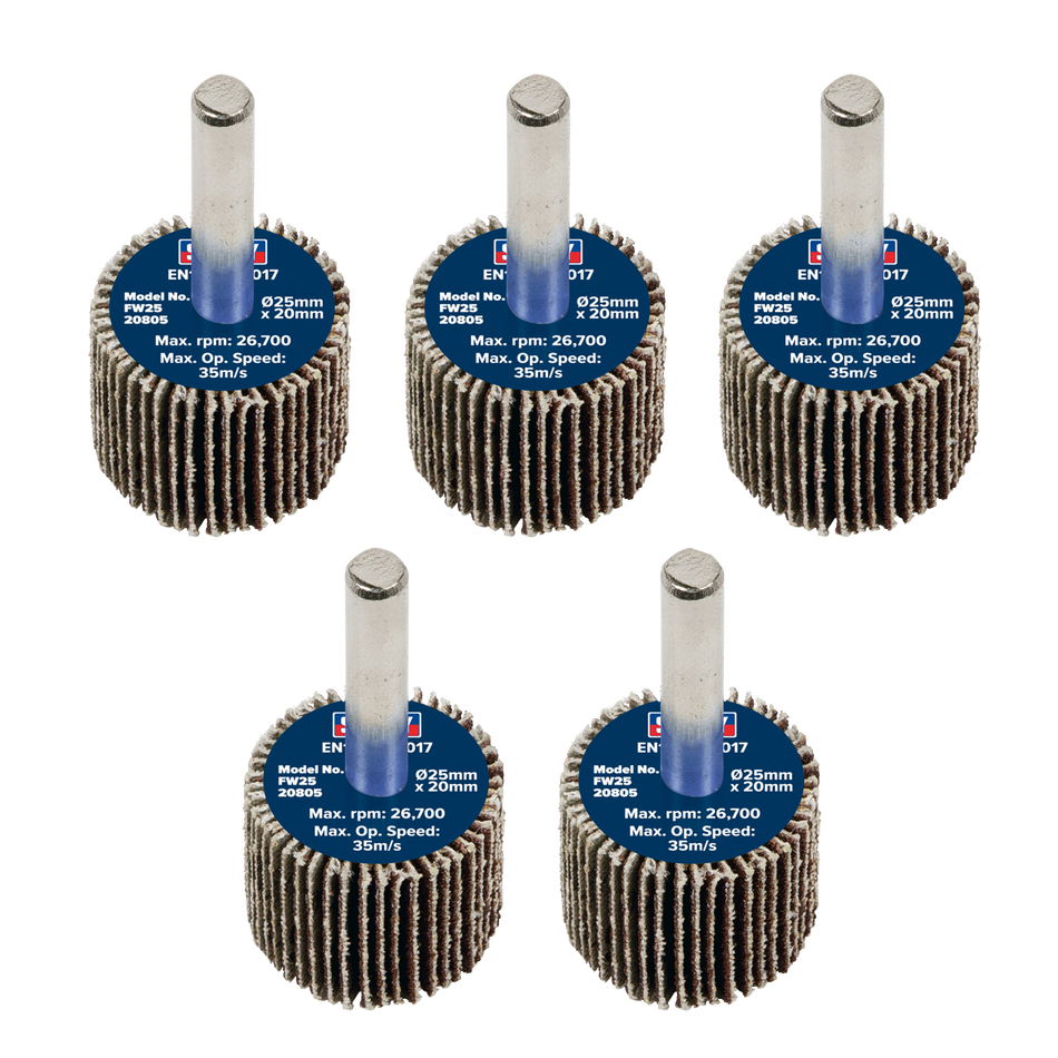 Sealey FW2520805 Abrasive Flap Wheel Diameter 25 x 20mm 80Grit Diameter 6mm Shaft - Pack of 5