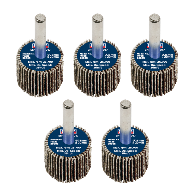 Sealey FW2520805 Abrasive Flap Wheel Diameter 25 x 20mm 80Grit Diameter 6mm Shaft - Pack of 5