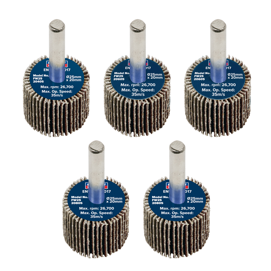 Sealey FW2520ASS Abrasive Flap Wheel Diameter 25 x 20mm Diameter 6mm Shaft Assorted Grit - Pack of 5