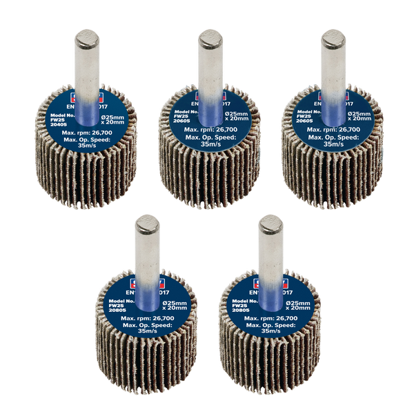 Sealey FW2520ASS Abrasive Flap Wheel Diameter 25 x 20mm Diameter 6mm Shaft Assorted Grit - Pack of 5