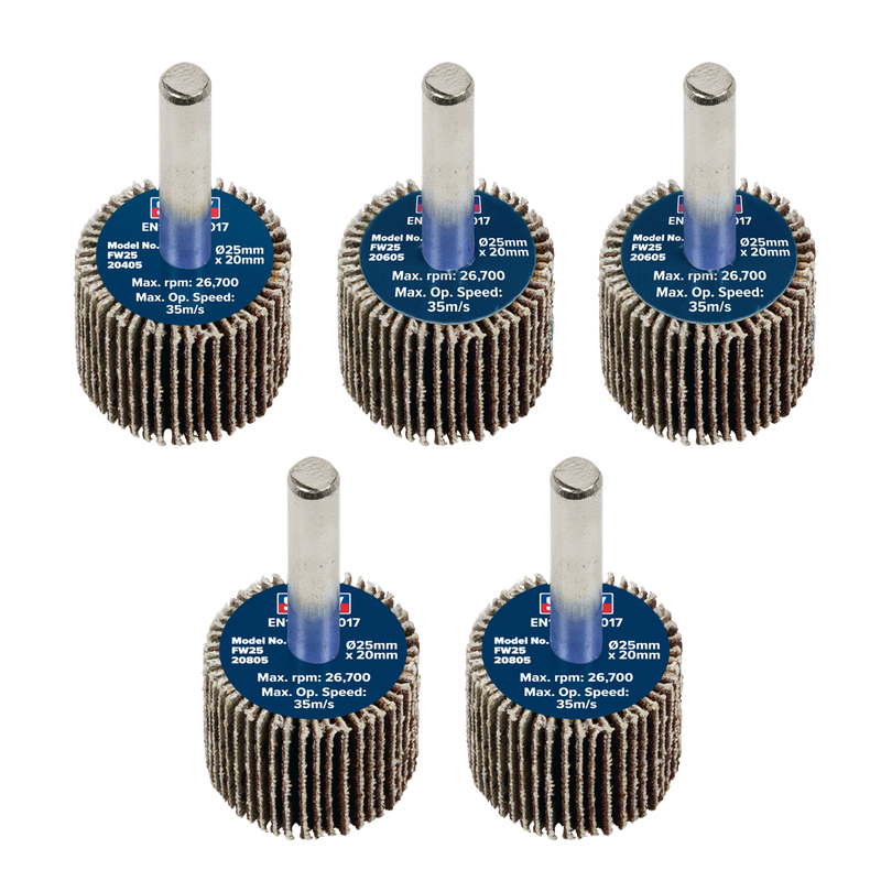 Sealey FW2520ASS Abrasive Flap Wheel Diameter 25 x 20mm Diameter 6mm Shaft Assorted Grit - Pack of 5