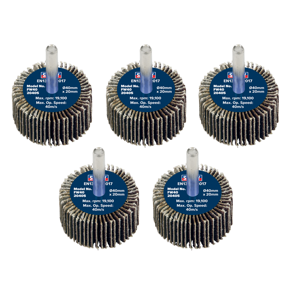 Sealey FW4020405 Abrasive Flap Wheel Diameter 40 x 20mm 40Grit Diameter 6mm Shaft - Pack of 5