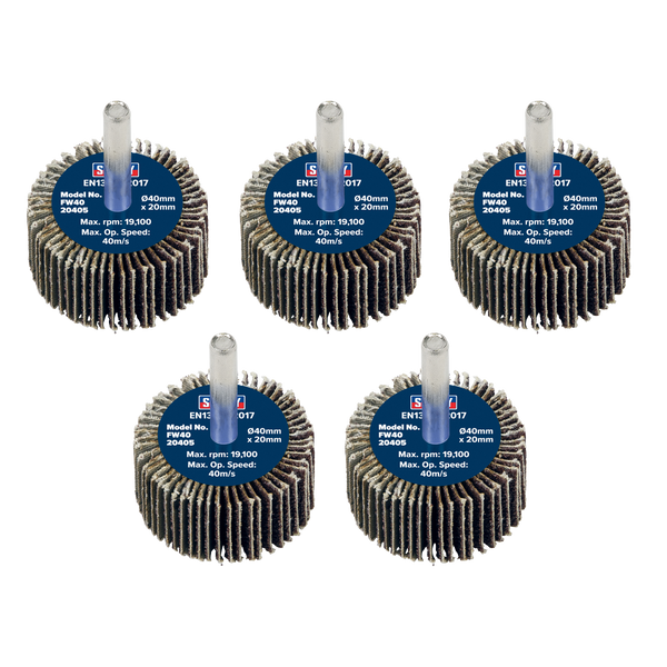 Sealey FW4020405 Abrasive Flap Wheel Diameter 40 x 20mm 40Grit Diameter 6mm Shaft - Pack of 5