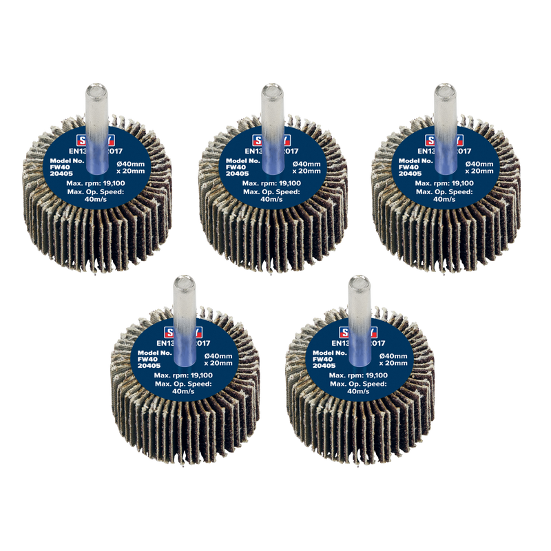 Sealey FW4020405 Abrasive Flap Wheel Diameter 40 x 20mm 40Grit Diameter 6mm Shaft - Pack of 5