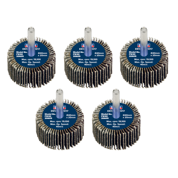 Sealey FW4020605 Abrasive Flap Wheel Diameter 40 x 20mm 60Grit Diameter 6mm Shaft - Pack of 5