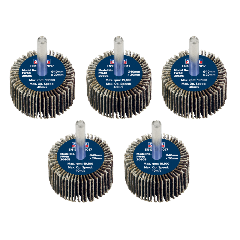 Sealey FW4020605 Abrasive Flap Wheel Diameter 40 x 20mm 60Grit Diameter 6mm Shaft - Pack of 5