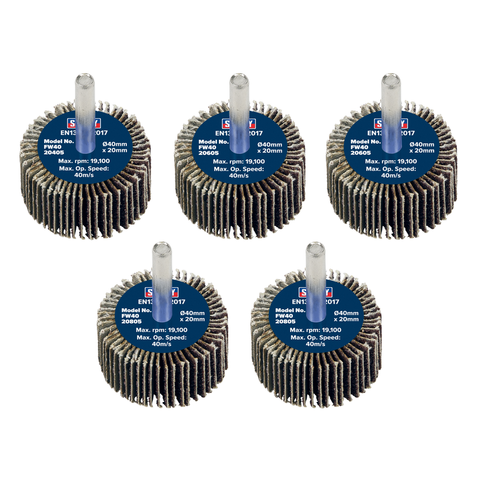 Sealey FW4020ASS Abrasive Flap Wheel Diameter 40 x 20mm Diameter 6mm Shaft Assorted Grit - Pack of 5
