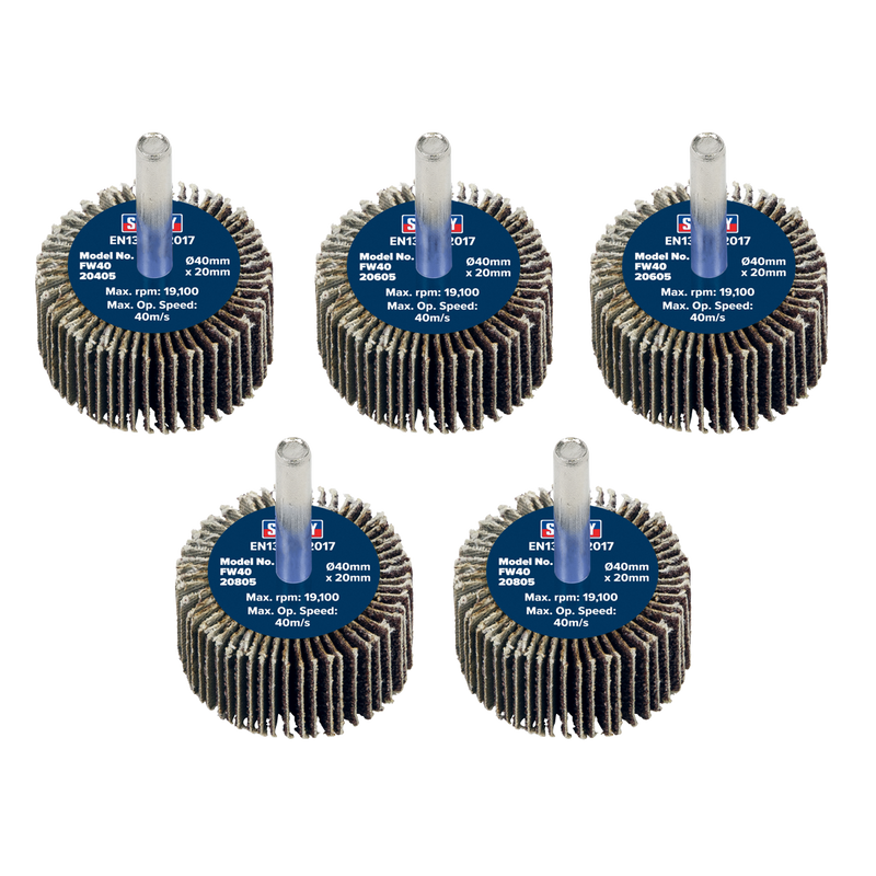 Sealey FW4020ASS Abrasive Flap Wheel Diameter 40 x 20mm Diameter 6mm Shaft Assorted Grit - Pack of 5